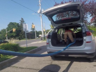 RISKY PUBLIC CAR WASH Short Skirt no Panties --GoPro- No camera man